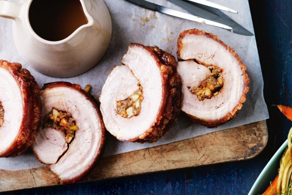 Rolled pork belly with apple & raisin stuffing