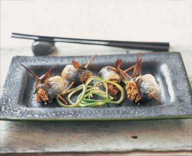 Rolled sardines with plum paste (Iwashi no umé maki yaki)