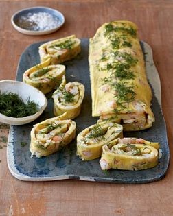 Rolled shrimp, goat cheese, and dill omelet