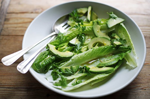 Romaine and avocado salad with anchovy garlic vinaigrette