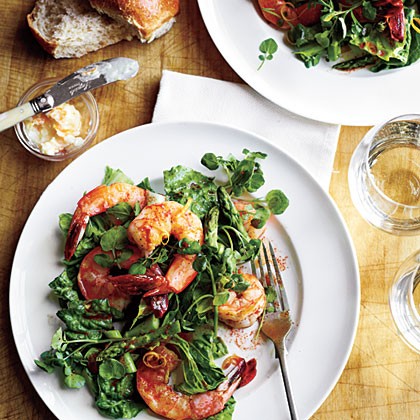 Romaine, asparagus, and watercress salad with shrimp