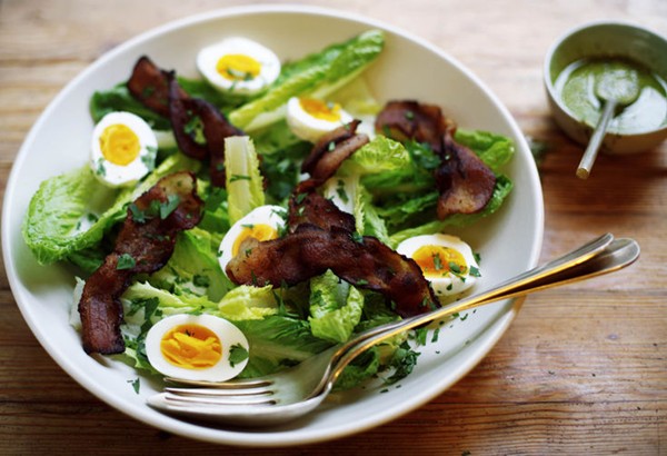 Romaine salad with bacon, 5-minute eggs, and pesto dressing