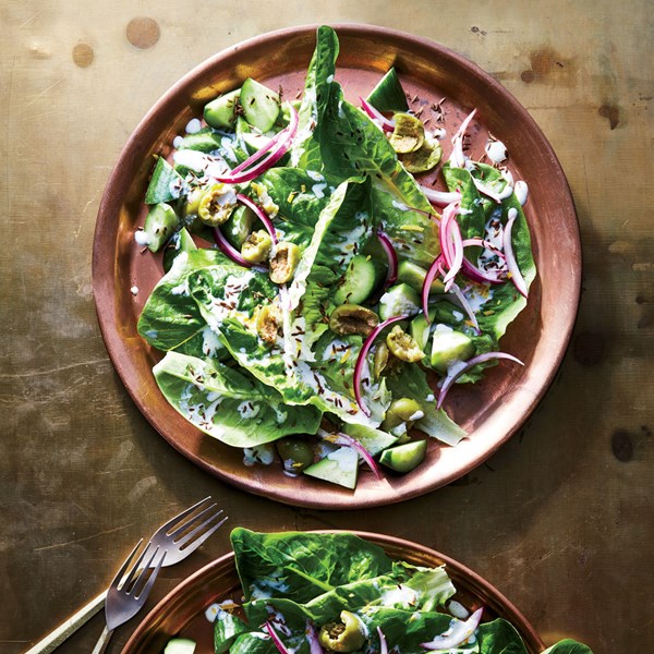 Romaine salad with cracked olives and salted-lemon yogurt