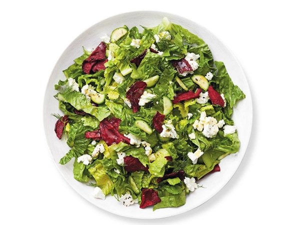 Romaine with goat cheese and beet chips 