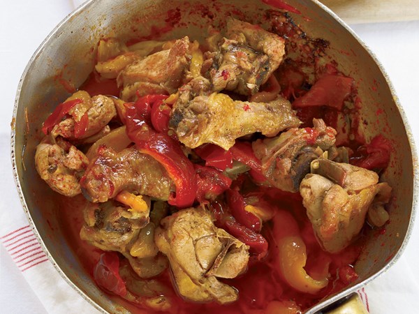 Roman-style braised chicken with roasted peppers