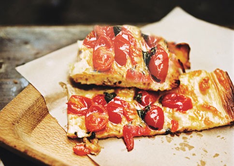 Roman-style pizza with roasted cherry tomatoes