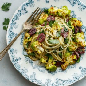 Romanesco cauliflower pasta with olives, capers, and parsley