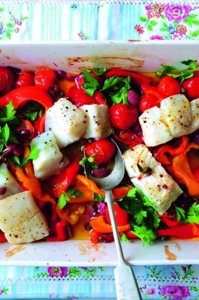 Romano peppers roasted with cod, cherry tomatoes, anchovies, olives and capers