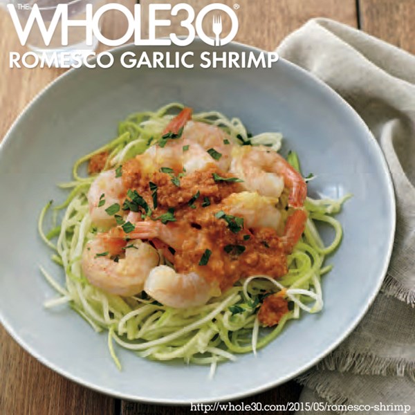 Romesco garlic shrimp with zucchini noodles