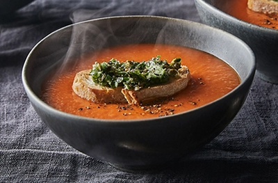 Romesco soup with caper toasties