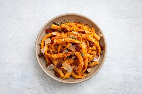 Romesco ziti lunghi with crispy chorizo