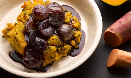 Root mash with wine-braised shallots