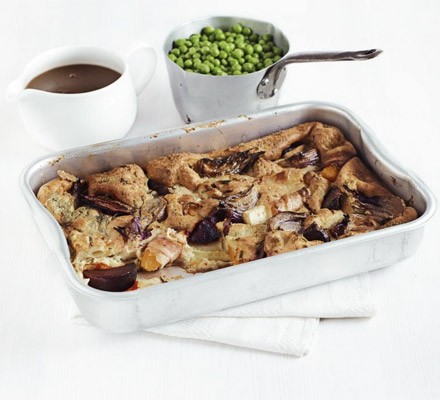Root veg & pancetta toad-in-the-hole with quick onion gravy