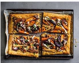 Root veg, tahini & miso puff tart