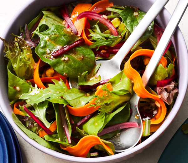 Root vegetable & greens salad with red pepper jelly vinaigrette