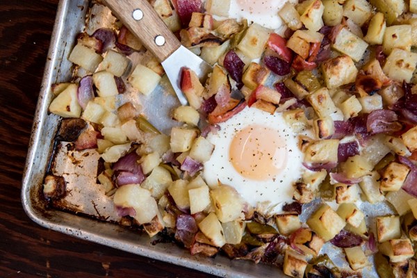 Root vegetable and apple hash baked with eggs