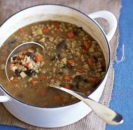 Root vegetable and barley soup with bacon