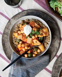 Root vegetable and cauliflower tagine with parsley yogurt