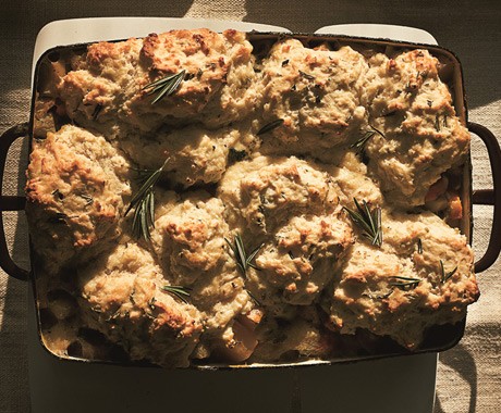 Root vegetable and mushroom pie with rosemary biscuit topping