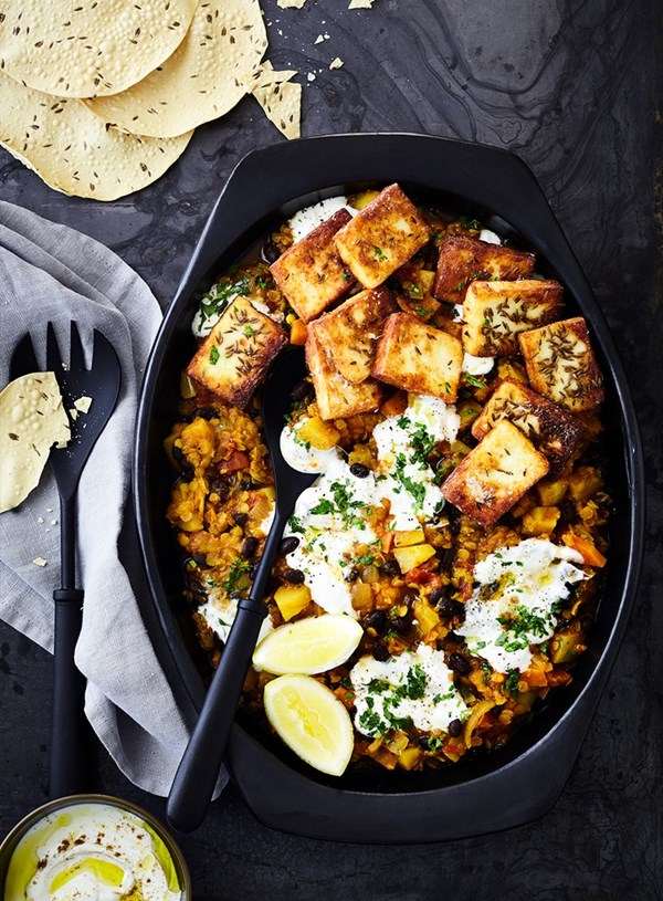 Root vegetable and red lentil dhal with paneer