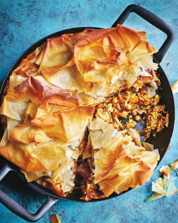 Root vegetable, chickpea, feta and barberry tart 