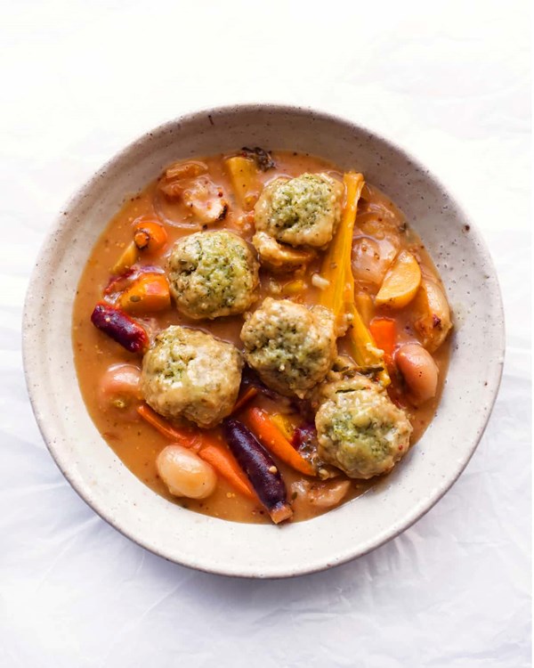 Root vegetable cider stew and thyme and parsley dumplings