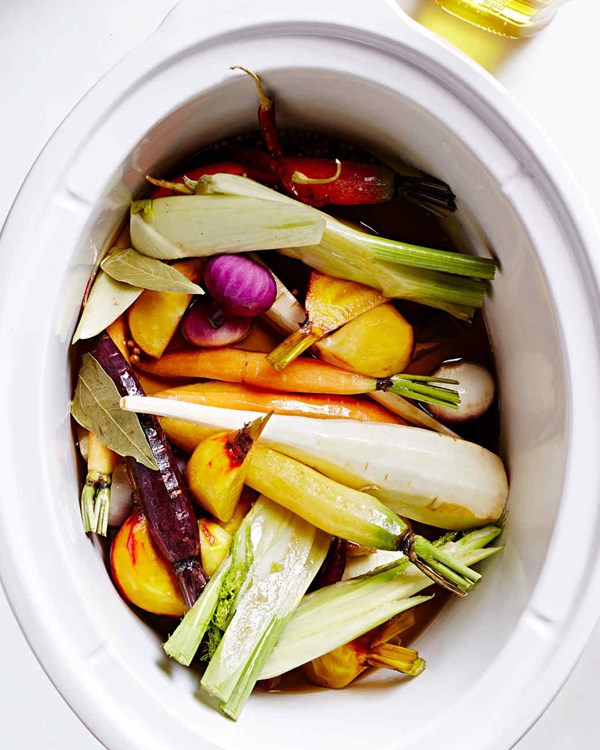Root-vegetable confit with pistachio pesto