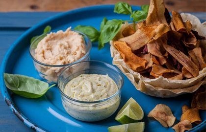 Root vegetable crisps in a crispy pancake bowl