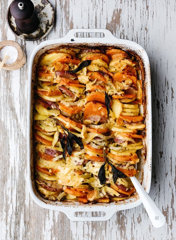 Root vegetable, fennel and apple gratin