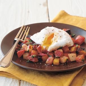 Root-vegetable hash topped with poached eggs