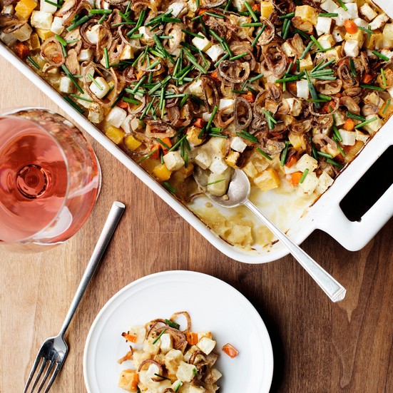 Root-vegetable hot dish with parsnip puree