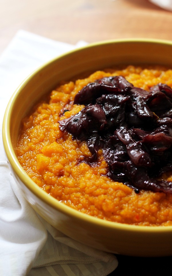 Root vegetable mash with wine-braised shallots
