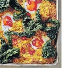 Root vegetable rösti traybake with eggs & cavolo nero