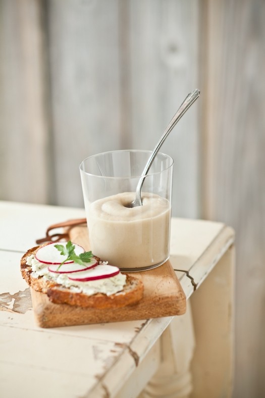 Root vegetable soup & herbed goat cheese tartines