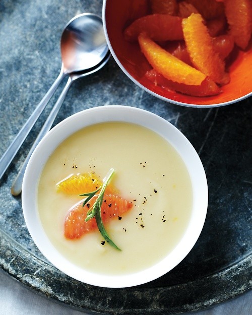Root-vegetable soup with orange, ginger, and tarragon