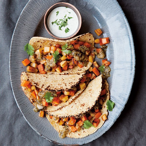 Root-vegetable tacos with lime-cilantro cream