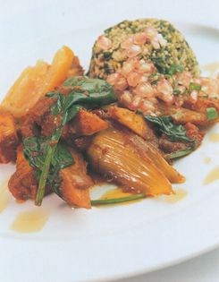 Root vegetable tagine with pickled baby lemons and pomegranate salsa