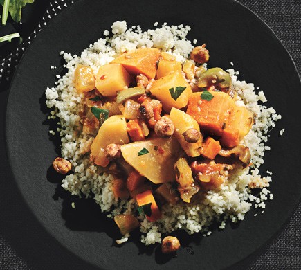 Root vegetable tagine with sweet potatoes, carrots, turnips, and spice-roasted chickpeas