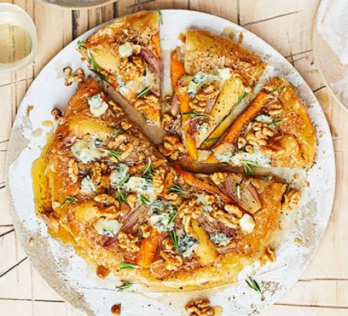Root vegetable Tatin with candied nuts & blue cheese
