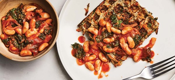 Root veggie hash browns with spicy white beans