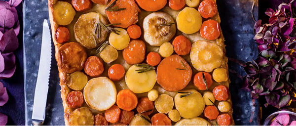 Roots Tatin with three-cheese sauce