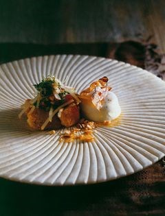 Roquefort mousse with veal sweetbreads, hazelnut and pear