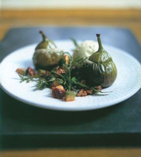 Roquefort-stuffed fig salad with Port vinaigrette and frozen avocado cream