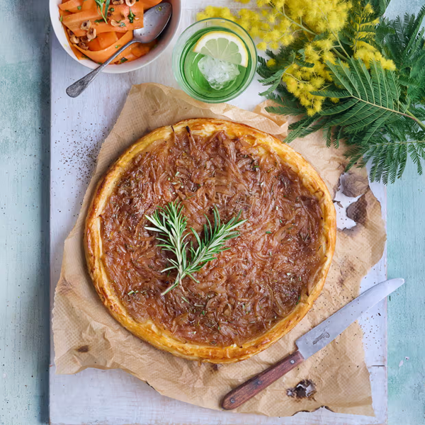 Roscoff onion and rosemary tart with pickled carrot, tarragon and hazelnut salad