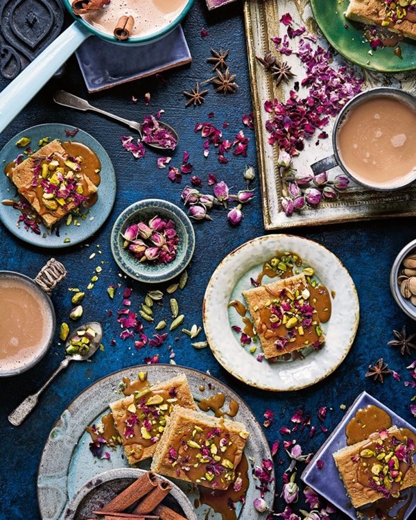 Rose & pistachio cake with cardamom toffee sauce (Pista gulab)