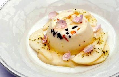 Rose and buttermilk panna cotta with Comice pears