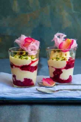 Rose and raspberry panna cotta with fairy floss and rose petals