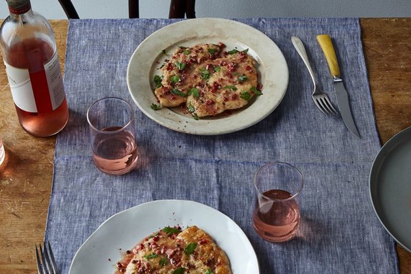 Rosé chicken piccata with pink peppercorns