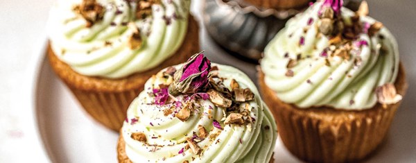 Rose cupcakes with pistachio frosting