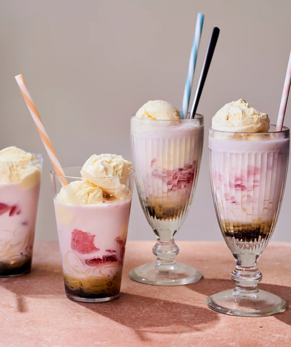 Rose falooda (dessert drink with basil seeds)